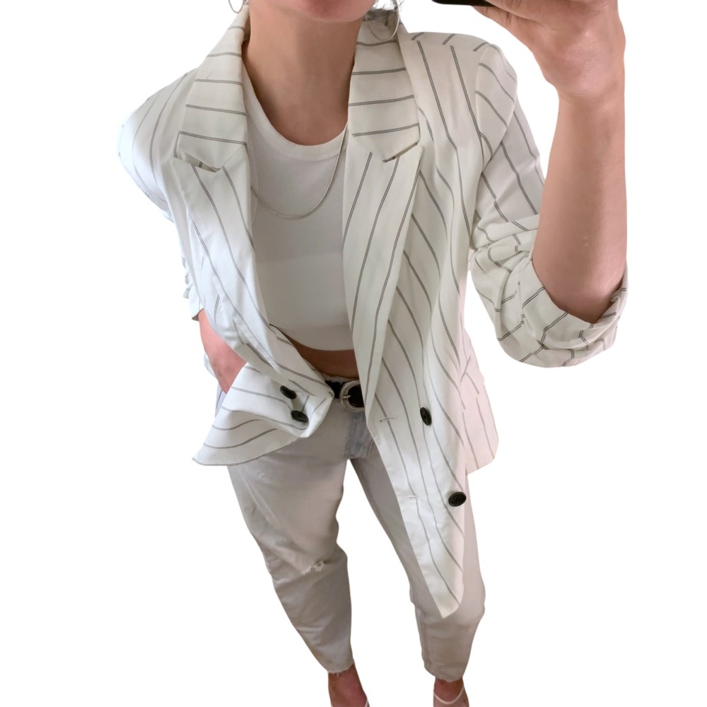 NWOT A NEW DAY 100% Cotton White Black Pinstripe Double Breasted Blazer - sz 16W - Picture 3 of 16